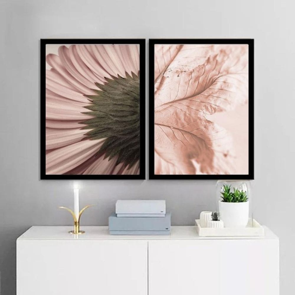 Kit 2 Quadros Modernos Flor E Folha Rosê 33X24Cm - Com Vidro