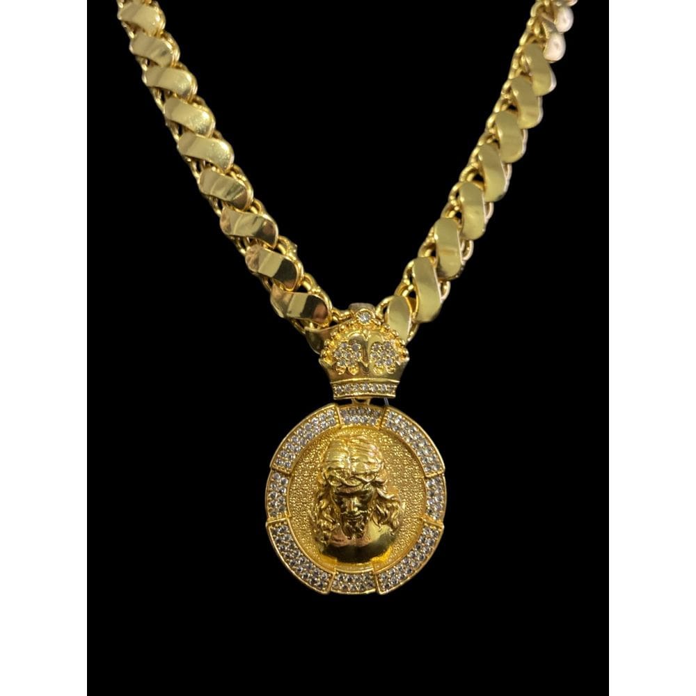 Cordão Friso S 13Mm + Pingente Jesus - Banhado A Ouro 18K