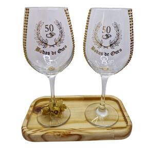 Kit 2 Taças Vidro Bandeja Bodas De Ouro 50 Anos Rosas Luxo