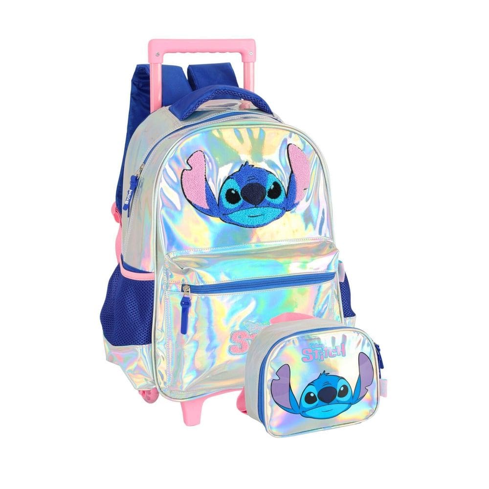 Kit Escolar Lilo Stitch 3D Mochila Rodas + Lancheira Prata