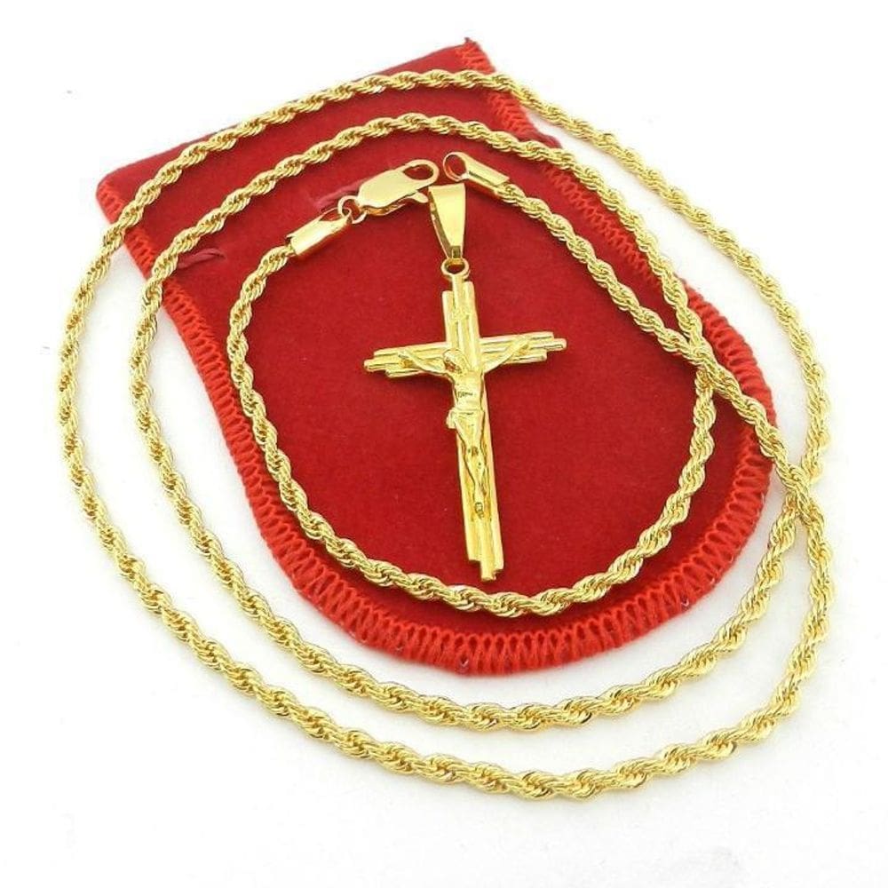 Corrente Masculina 70Cm 3Mm Cruz Cristo Folheado Ouro Cr751