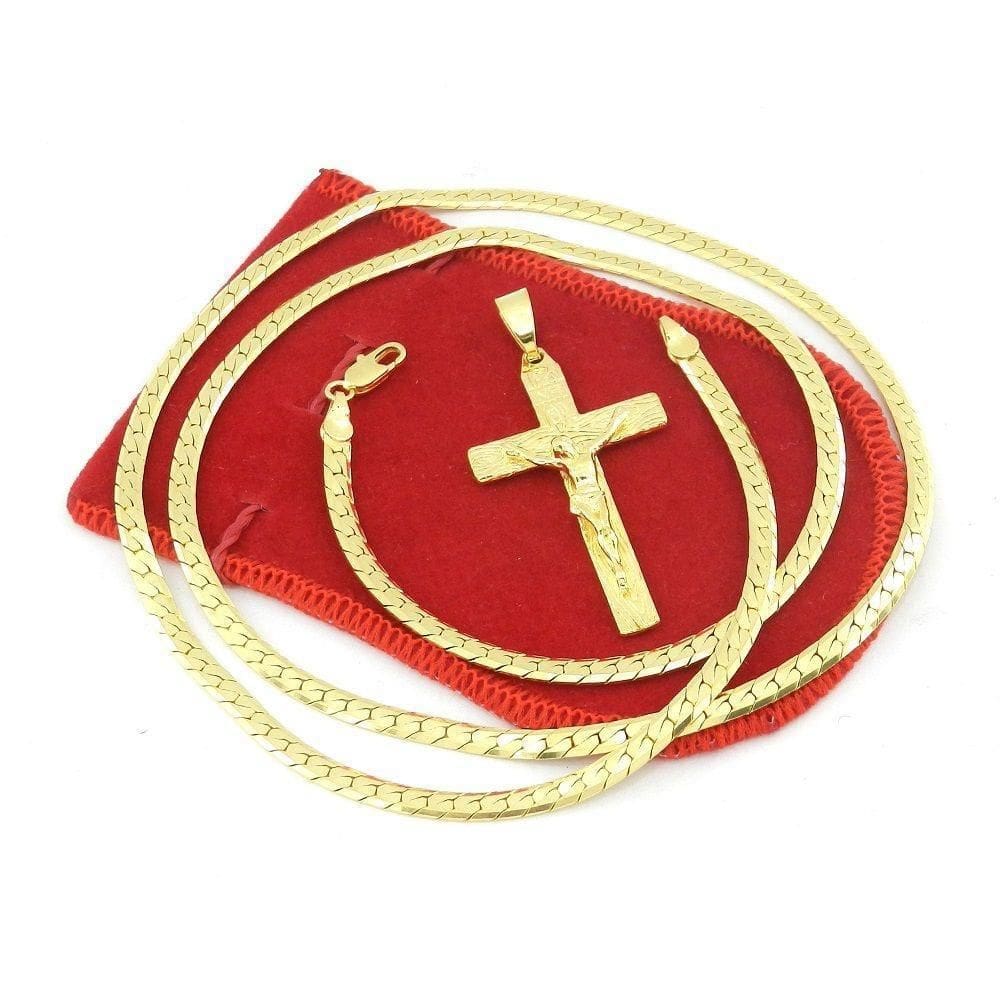 Corrente Masculina 80Cm 4Mm Cruz 45Mm Folheado Ouro Cr609