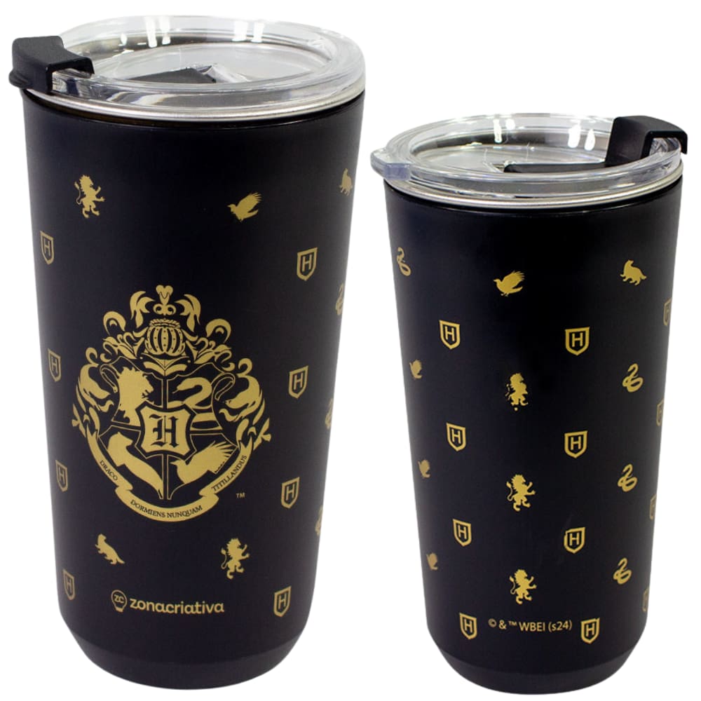 Copo Hogwarts Preto Térmico Quente Gelado 500ml Com Tampa Oficial Harry Potter