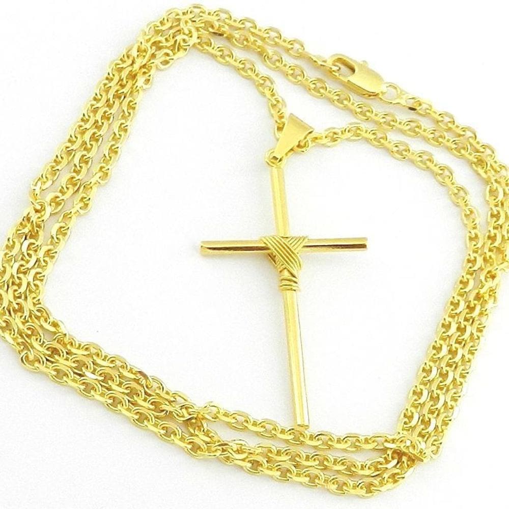 Corrente Masculina 70Cm 2Mm Cruz 4Cm Folheada Ouro Cr577