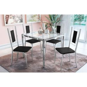 Sala de Jantar Completa Reno c/ Tampo de Vidro 90x90cm e 4 Cadeiras Lisboa Cromada - Preto - Kappesberg