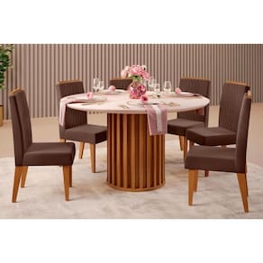 Sala de Jantar Completa Viena Tampo Madeirado c/ Vidro 136cm e 6 Cadeiras Bia Freijo/Off White - Suede Moca - DJ Móveis