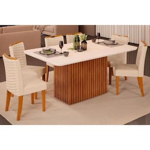 Sala de Jantar Completa Canes Tampo Madeirado c/ Vidro Curvo 170x90cm e 6 Cadeiras Julia Freijo/Off White - Linho Neve - DJ Móveis