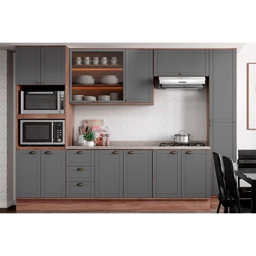 Cozinha Completa Bella 7 Peças (2Aéreos+2Balcões+1Paneleiro+1TorreQuente+1Complemento) C7P198 Nogal/Cinza - Carraro