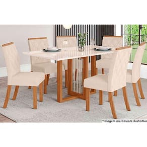 Sala de Jantar Completa Natalí c/ Tampo Madeirado c/ Vidro Reto 160x90cm e 6 Cadeiras Vita Nature/Suede Light Bege - Henn