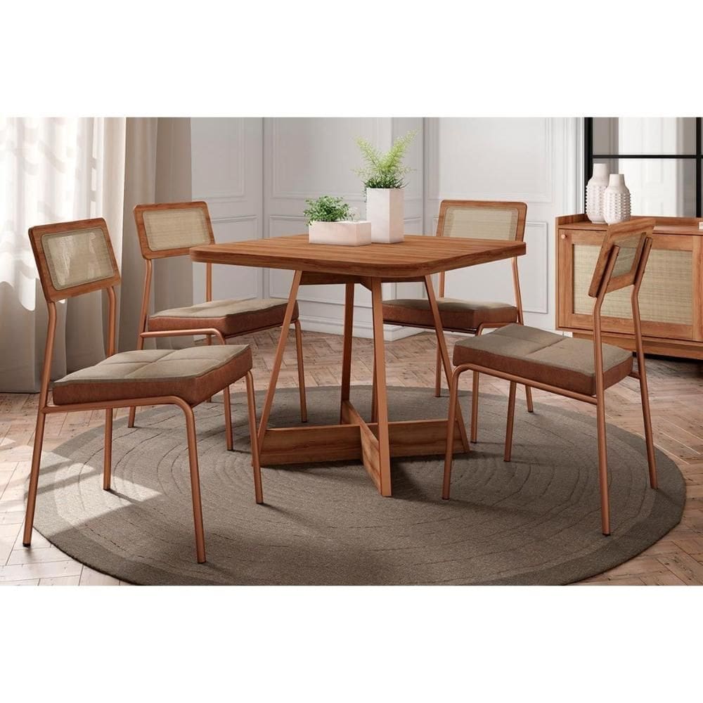 Sala de Jantar Completa Átria 1593 Aço c/ Tampo Madeirado 90x90cm e 4 Cadeiras Lux Rose/Freijó/Nogal - Rose/Areia - Caramelo - Carraro