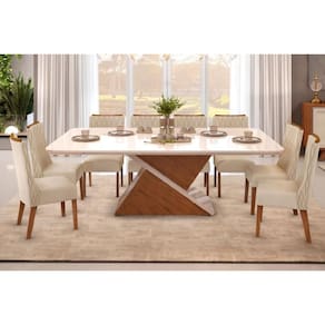 Sala de Jantar Completa Zafira Tampo Madeirado c/ Vidro Curvo 200x100cm e 8 Cadeiras Jade Freijo/Off White - Linho Neve - DJ Móveis