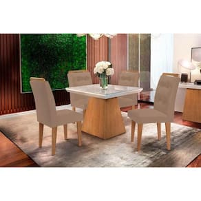Sala de Jantar Completa Luna c/ Tampo Madeirado Vidro Canto Curvo 90x90cm e 4 cadeiras Imperatriz Imbuia/Off White - Suede Capuccino - Rufato