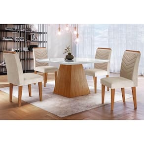 Sala de Jantar Completa Luna c/ Tampo Madeirado c/ Vidro Canto Curvo 90x90cm e 4 cadeiras Londrina Imbuia/Off White - Suede Creme - Rufato
