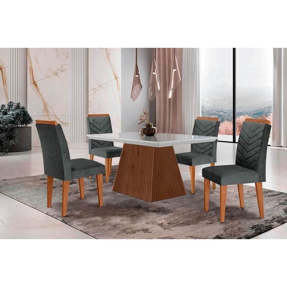 Sala de Jantar Completa Luna c/ Tampo Madeirado c/ Vidro Canto Curvo 120x80cm e 4 cadeiras Londrina Imbuia/Off White - Suede Grafite - Rufato