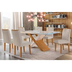 Sala de Jantar Completa Imperatriz Tampo Madeirado c/ Vidro Canto Curvo 180x90 e 6 Cadeiras Jade Imbuia/Off White - Suede Creme - Rufato