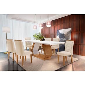 Sala de Jantar Completa Alvorada c/ Tampo Madeirado Canto Reto 180x90cm e 6 Cadeiras Londrina Imbuia/Off White - Suede Creme - Rufato