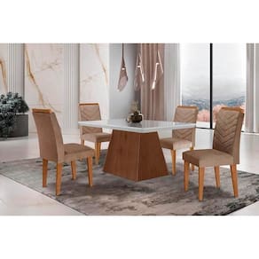 Sala de Jantar Completa Luna c/ Tampo Madeirado Vidro Canto Curvo 120x80cm e 4 cadeiras Londrina Imbuia/Off White - Suede Capuccino - Rufato