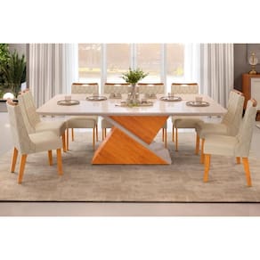 Sala de Jantar Completa Zafira Tampo Madeirado c/ Vidro Curvo 200x100cm e 8 Cadeiras Bia Cedro/Off White - Freijo/Linho Neve - DJ Móveis