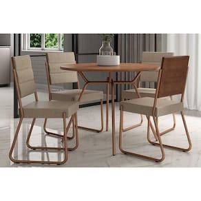 Sala de Jantar Completa 1588 Aço c/ Tampo Madeirado 100cm e 4 Cadeiras 1736 Freijo/Rose/Cobre/Linho Areia - Carraro