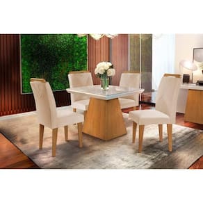 Sala de Jantar Completa Luna c/ Tampo Madeirado Vidro Canto Curvo 90x90cm e 4 cadeiras Amsterdã Imbuia/Off White - Suede Creme - Rufato