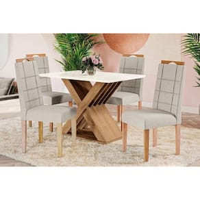 Sala de Jantar Completa Graviola Tampo Madeirado c/ Vidro 90x160cm e 4 Cadeiras 2CAD150 Nogueira/Off White/Vidro Off White - Eucalipto - Kappesberg