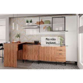 Cozinha Completa Alpha 5 Peças (1 Armário + 2 Balcões + 1 Paneleiro + 1 Ilha) C5P100 Freijo/Branco - Carraro