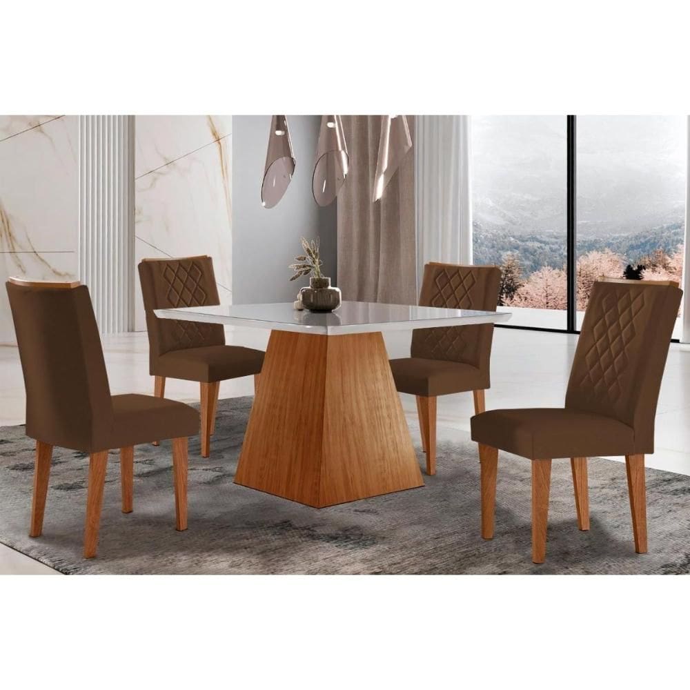 Sala de Jantar Completa Luna c/ Tampo Madeirado Vidro Canto Curvo 90x90cm e 4 cadeiras Jade Imbuia/Off White - Suede Marrom - Rufato