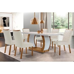 Sala de Jantar Completa Jade Tampo Madeirado c/ Vidro Canto Curvo 180x90cm e 6 Cadeiras Londrina Imbuia/Off White - Suede Creme - Rufato