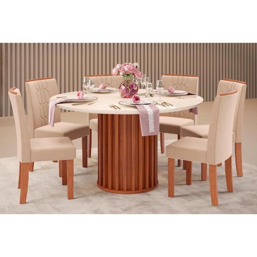 Sala de Jantar Completa Viena Tampo Madeirado c/ Vidro 136cm e 6 Cadeiras Zoe Freijo/Off White - Suede Creme - DJ Móveis