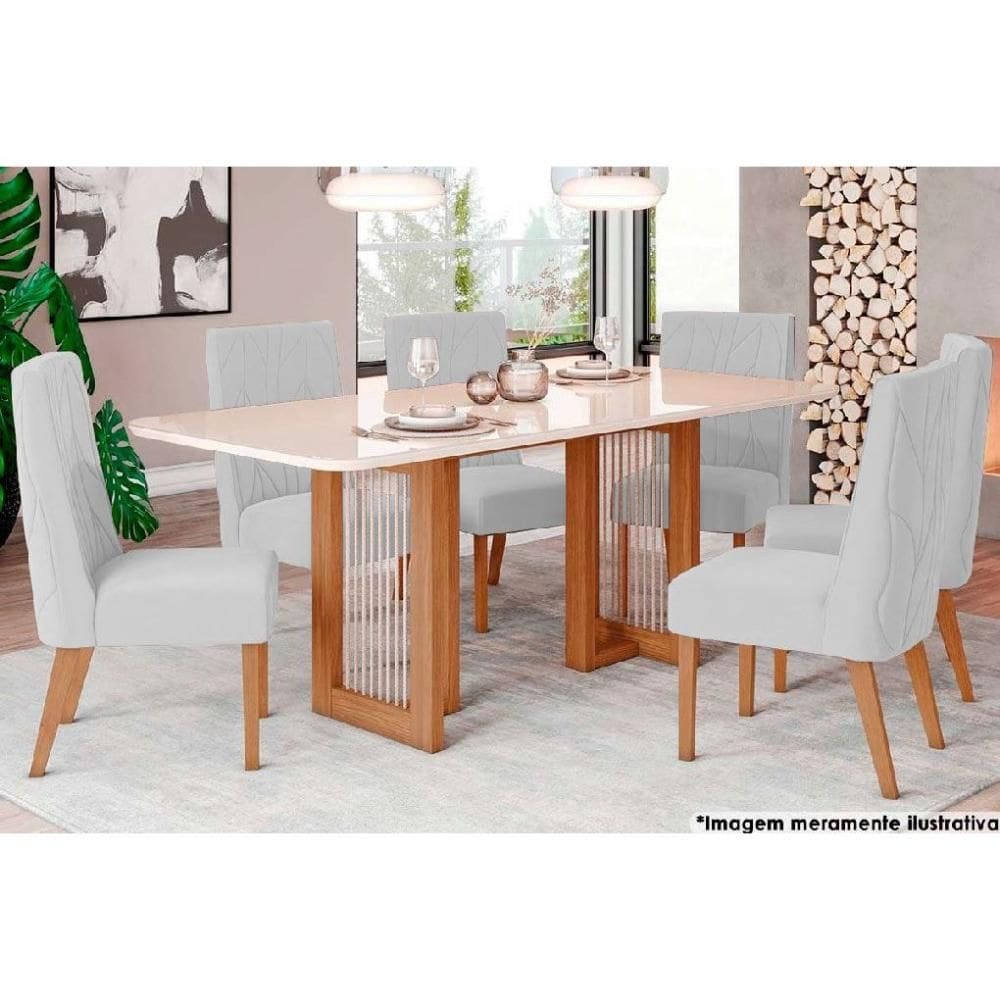 Sala de Jantar Completa Yara c/ Tampo Madeirado c/ Vidro Curvo 200x90cm e 6 Cadeiras Eloa Nature/Suede Light Linho - Henn