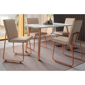 Sala de Jantar Completa Ariel Menor 1602 Tampo Madeirado c/ Vidro 120x80cm e 4 Cadeiras Lira Gelo/Off White Rose - Cobre/Linho Areia/Courin - Carraro