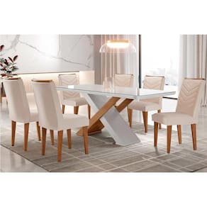 Sala de Jantar Completa Imperatriz Tampo Madeirado c/ Vidro Canto Curvo 180x90 e 6 Cadeiras Londrina Imbuia/Off White - Suede Creme - Rufato