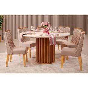 Sala de Jantar Completa Viena Tampo Madeirado c/ Vidro 136cm e 6 Cadeiras Bia Freijo/Off White - Suede Kraft - DJ Móveis