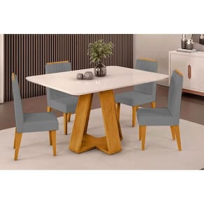 Sala de Jantar Completa Celeste Tampo Madeirado c/ Vidro Curvo 120x90cm e 4 Cadeiras Lia Cedro/Off White - Suede Lunar - DJ Móveis
