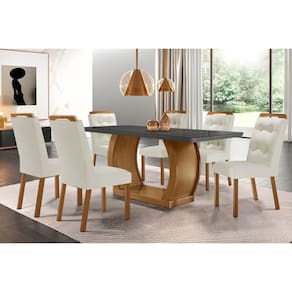 Sala de Jantar Completa Jade Tampo Madeirado c/ Vidro Canto Curvo 180x90 e 6 Cadeiras Imperatriz Imbuia/Grafite - Suede Creme - Rufato