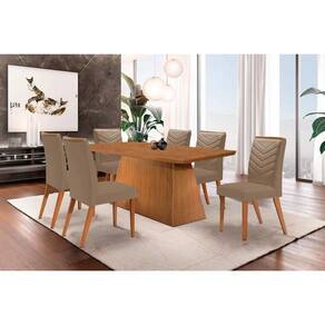 Sala de Jantar Completa Luna c/ Tampo Madeirado Canto Curvo 180x90cm e 6 cadeiras Londrina Imbuia-Capuccino/Suede Capuccino - Rufato