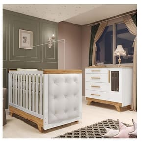 Quarto de Bebê Berço com Capitonê e Cômoda com Janelas 100% Mdf Retrô Kakau Espresso Móveis Branco Brilho/Amêndoa/Branco