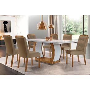 Sala de Jantar Completa Jade Tampo Madeirado c/ Vidro Canto Curvo 180x90 e 6 Cadeiras Imperatriz Imbuia/Off White - Suede Capuccino - Rufato