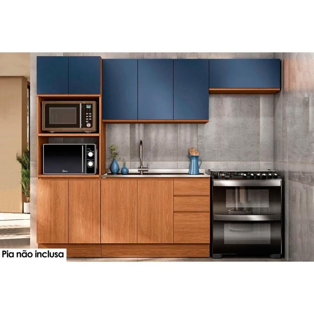 Cozinha Completa Ciela 4 Peças (2Aéreo+1Balcão+1Paneleiro) C4P77 Canela/Azul Profundo - Kappesberg