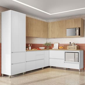 Cozinha Completa Rainha 11 Portas 9 Gavetas Ripado 100% Mdf Branco/Natural - Nesher