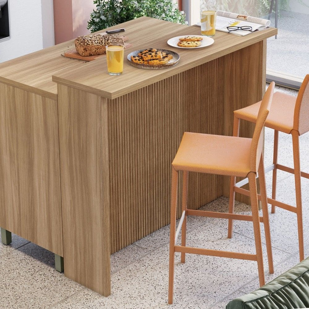 Bancada de Cozinha Ilha 120 Cm Ripado 100% Mdf Natural - Nesher