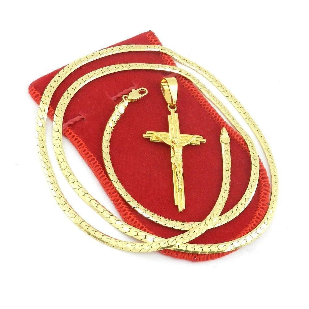 Corrente Masculina 50Cm 4Mm Cruz 45Mm Folheado Ouro Cr606