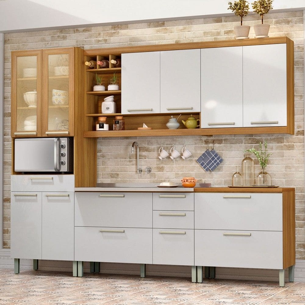 Cozinha Completa Burguesa Premium 11 Portas 5 Gavetas com Vidro 100% Mdf Amadeirado Freijó/Branco - Nesher