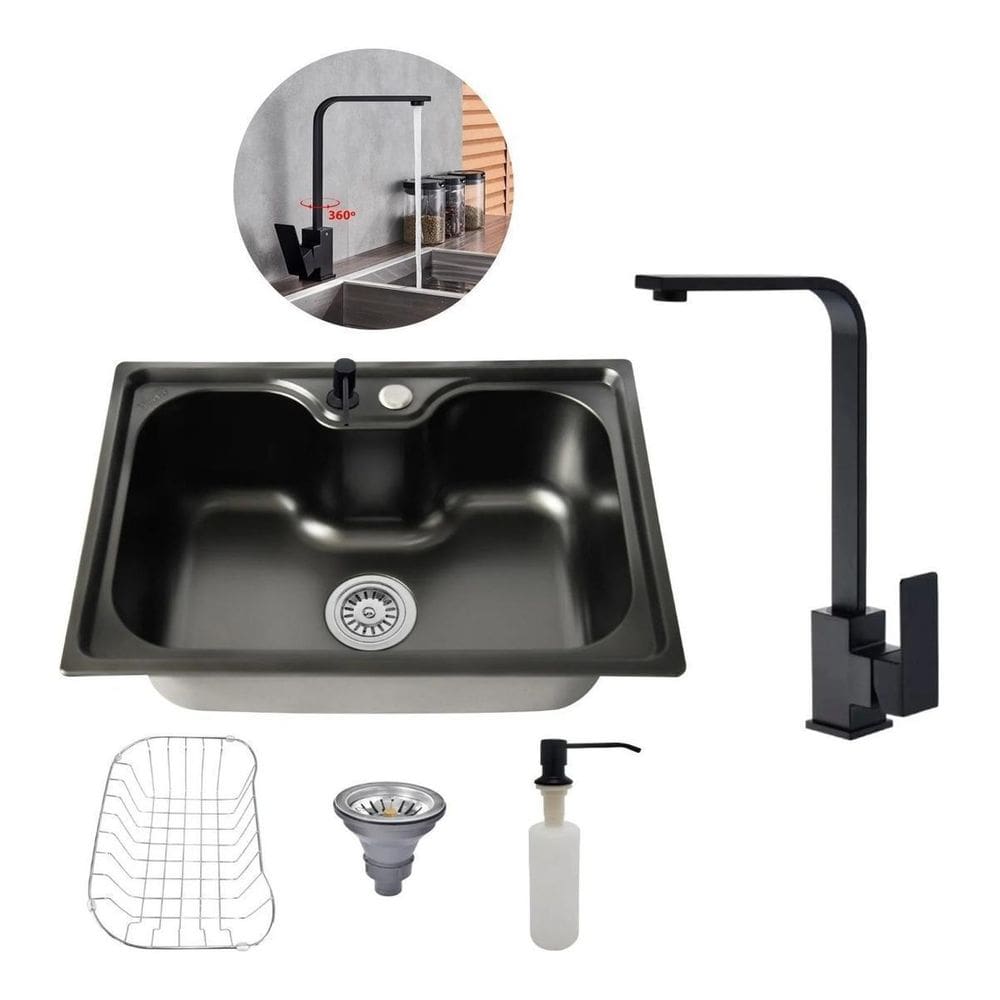 Kit Cuba Cozinha Gourmet Aço Inox 60X42 Torneira Slim Preto