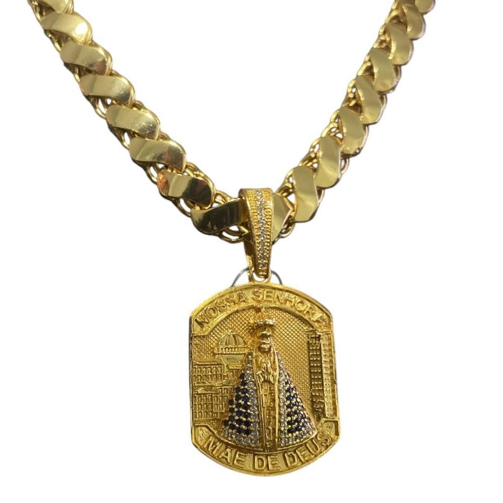 Cordão Friso S 13Mm + Pingente Nossa Senhora Banhado A Ouro