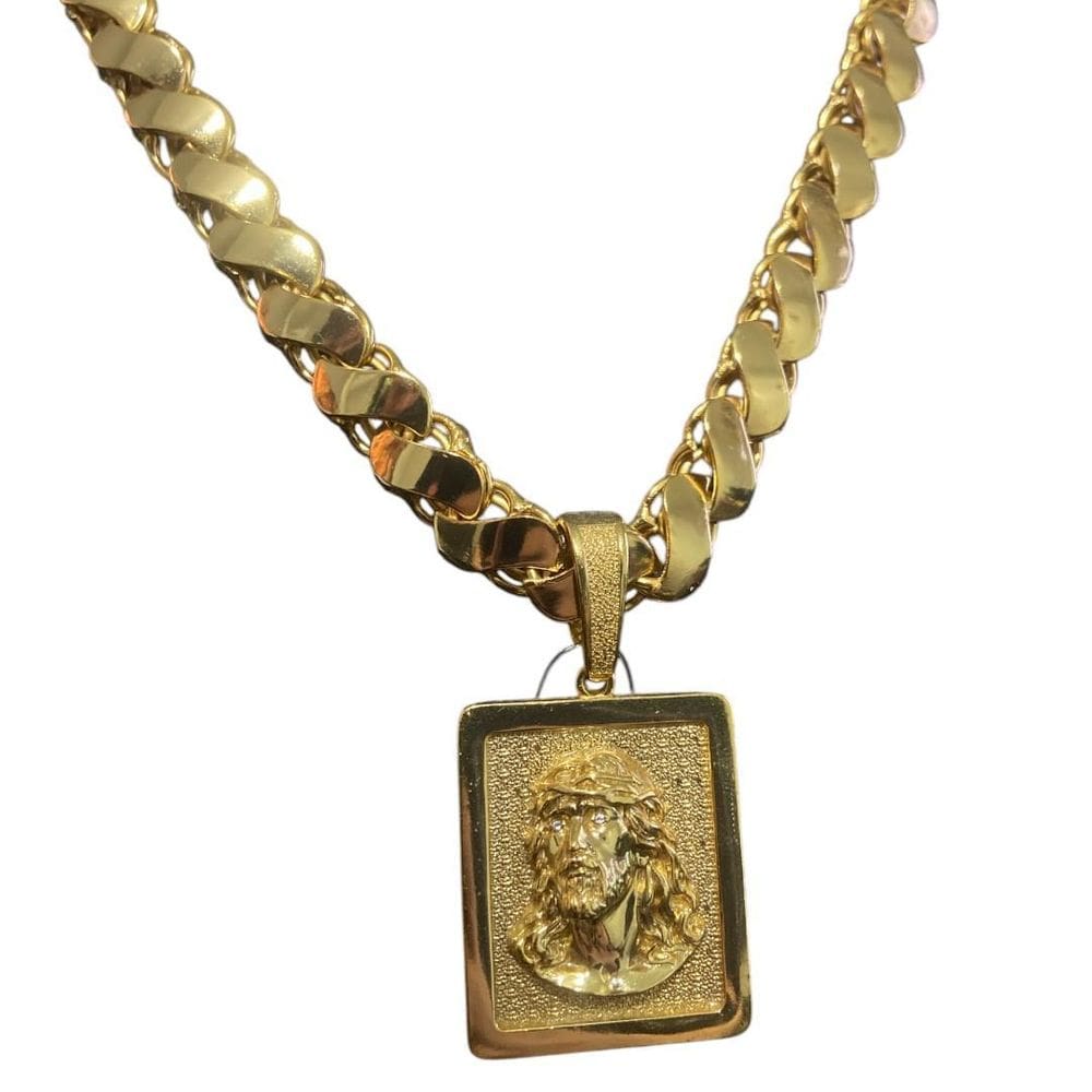 Cordão Friso S 13Mm + Pingente Jesus Rosto - Banhado A Ouro