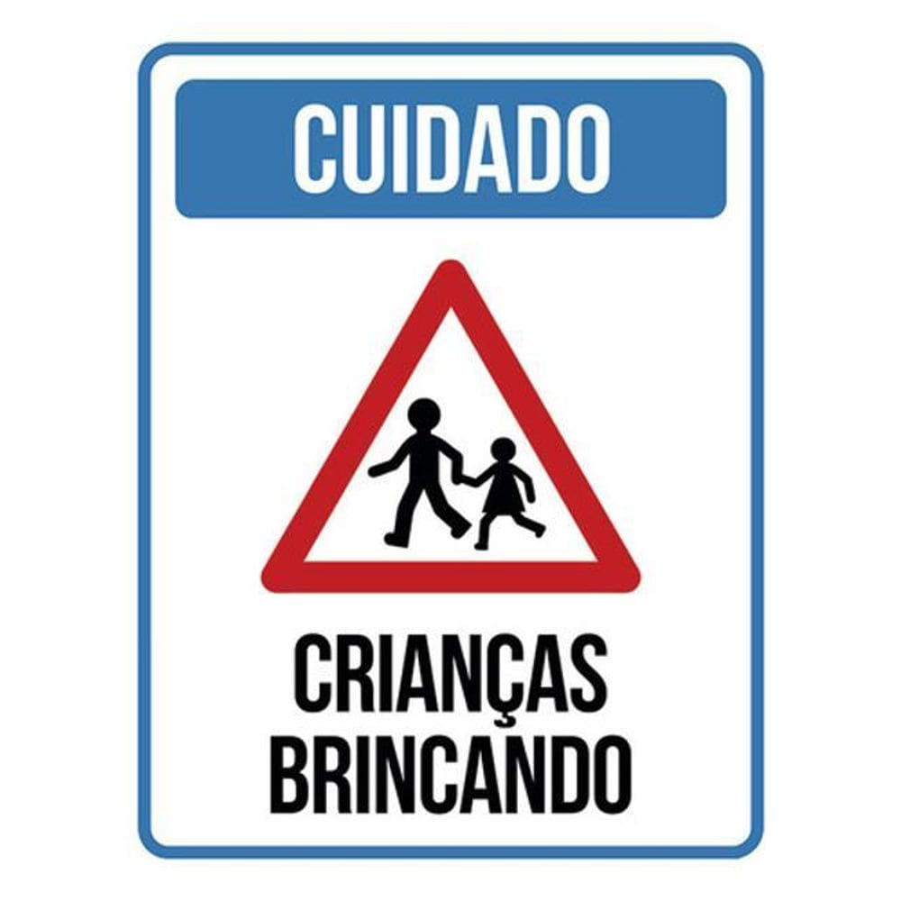 Kit 3 Placas Sinalização - Cuidado Crianças Brincando Azul