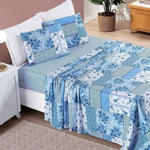 Jogo De Cama Lençol Bouti Estampado Casal Padrão 04 Peças - Azul Sereno