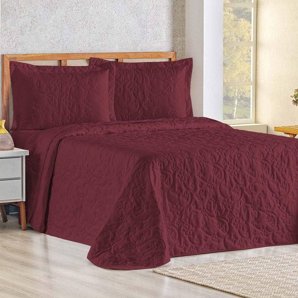 Cobre Leito Queen Bouti Mavie Floral 180 Fios 3 Peças - Vinho