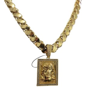 Cordão Friso S 13Mm + Pingente Jesus Rosto - Banhado A Ouro